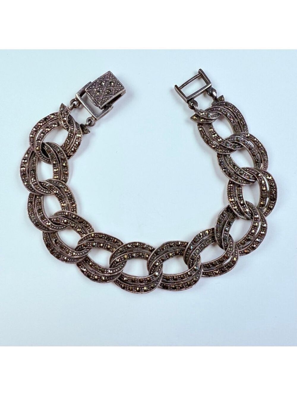 Vintage Large Marcasite 16mm Flat Curb Chain Link Sterling Silver 925 Bracelet